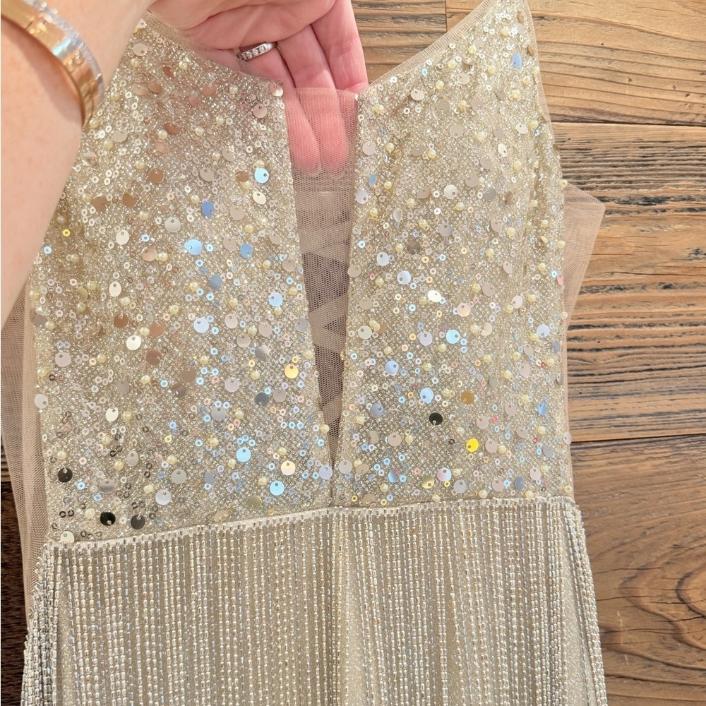 Jovani Gold Sequin Fringe Mini Tassle Dress with V-Neck *UNICORN* - Picture 8 of 17